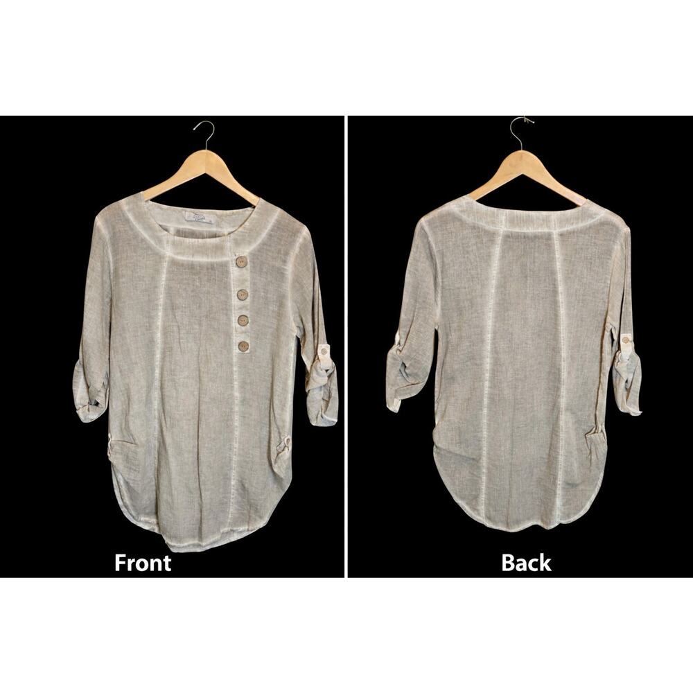 Selcuk Efes Tan Blouse Lightweight Roll Up Sleeves & Bottom Small Lagenlook